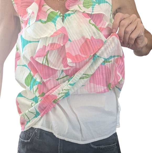Lilly Pulitzer COTTON Ruffled Flirty Pink Green Floral Print Sleeveless Blouse S - Picture 15 of 15